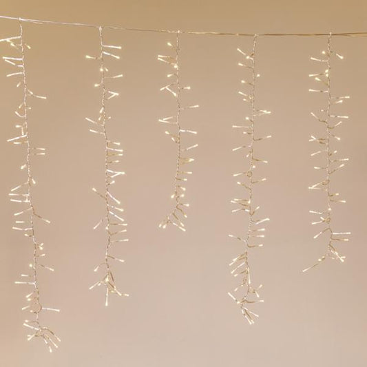 ΒΡΟΧΗ CLUSTER, 480 LED 3mm, 36V ΜΕΤΑΣΧΗΜΑΤΙΣΤΗ, 8 ΠΡΟΓΡΑΜΜΑΤΑ, 4 ΕΠΕΚΤΑΣΕΙΣ ΕΩΣ 3 ΣΕΤ, ΔΙΑΦΑΝΟ PVC ΚΑΛΩΔΙΟ, ΘΕΡΜΟ ΛΕΥΚΟ LED (H100 x W200cm, 30/40/50/50/40/30), ΠΡΟΕΚΤΑΣΗ ΠΑΡΟΧΗΣ 3m, IP44