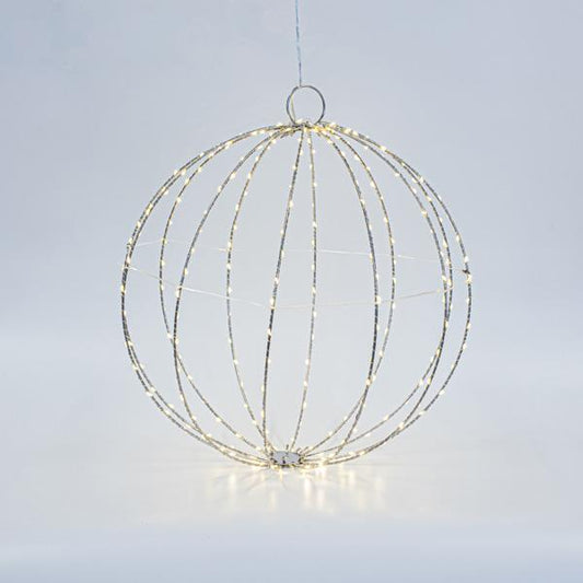 ΑΣΗΜΙ ΜΕΤΑΛΛΙΚΗ ΜΠΑΛΑ ΦΩΤΙΖΟΜΕΝΗ 40cm, 240 MINI LED, ΣΤΑΘΕΡΟΣ ΜΕΤΑΣΧΗΜΑΤΙΣΤΗΣ, ΑΣΗΜΙ ΧΑΛΚΙΝΟ ΚΑΛΩΔΙΟ, ΘΕΡΜΟ ΛΕΥΚΟ LED, ΠΡΟΕΚΤΑΣΗ ΠΑΡΟΧΗΣ 3m, IP44