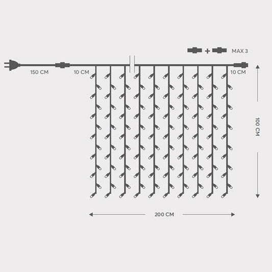 ΚΟΥΡΤΙΝΑ, 200 LED 5mm, 230V, ΕΠΕΚΤΑΣΗ ΕΩΣ 5, ΠΡΟΕΚΤΑΣΗ ΠΑΡΟΧΗΣ 150cm, ΠΡΑΣΙΝΟ  ΚΑΛΩΔΙΟ, ΚΑΟΥΤΣΟΥΚ, ΛΕΥΚΟ LED, 200x100cm, ΙΡ65