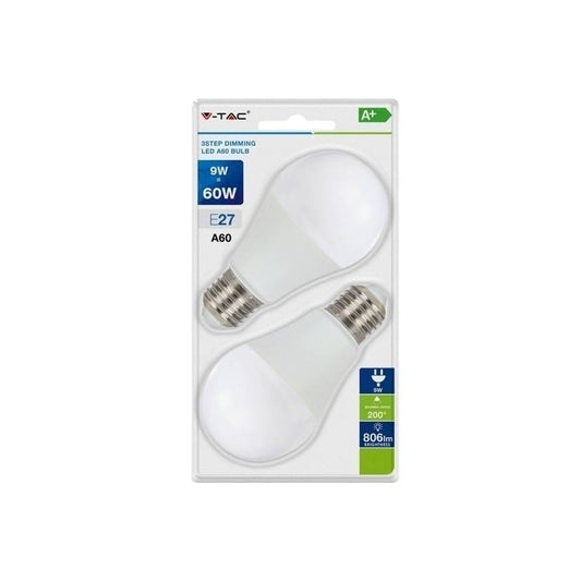 V-TAC VT-2129 Λάμπες LED 9W 112mm για Ντουί E27 και Σχήμα A60 Ψυχρό Λευκό 806lm 2τμχ